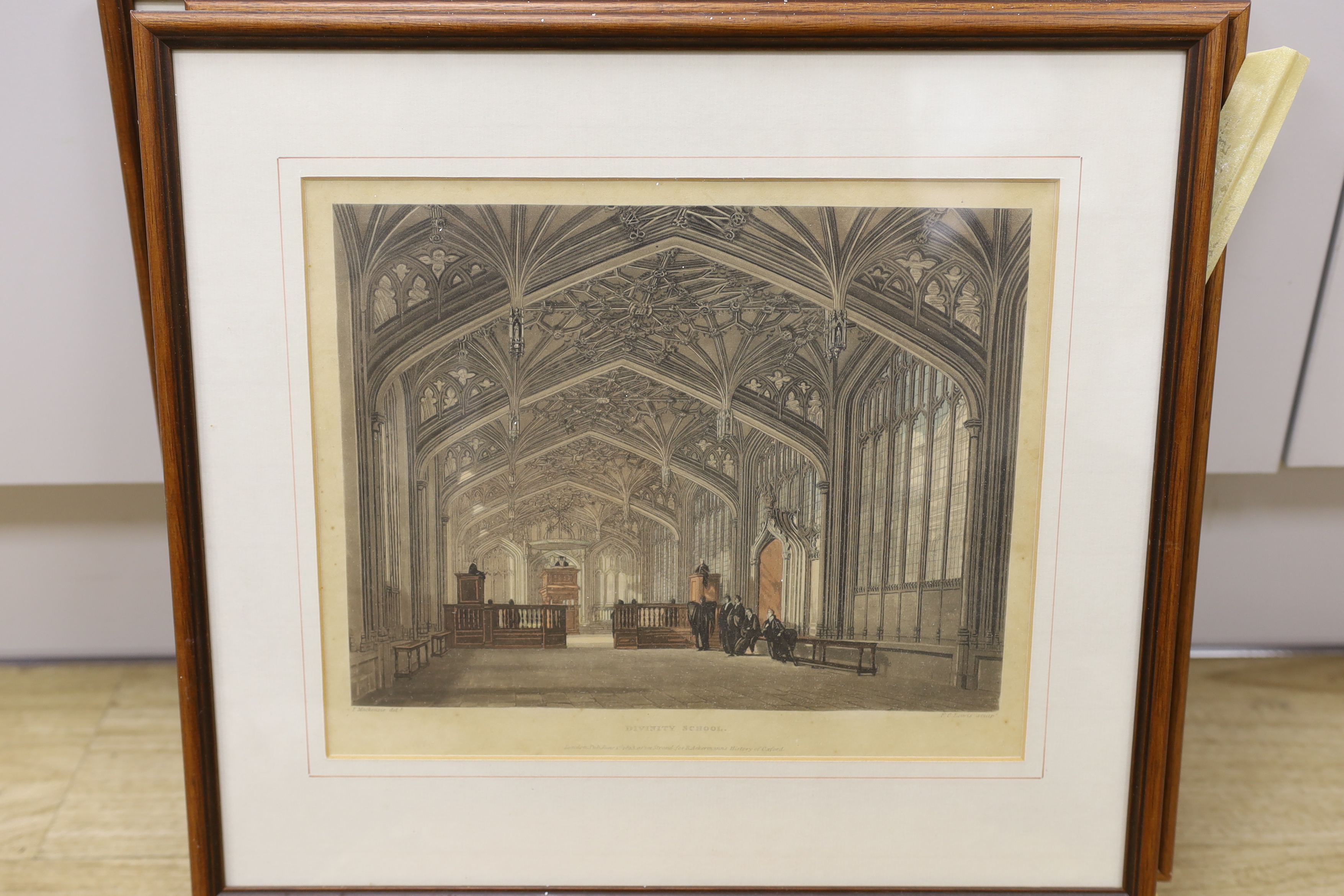 Four Ackermann colour engravings including E. Clarendon Printing House and Bradcliffe Library, together with another colour engraving and one other by Fred Millar, signed in pencil, largest 24 x 30cm (6)